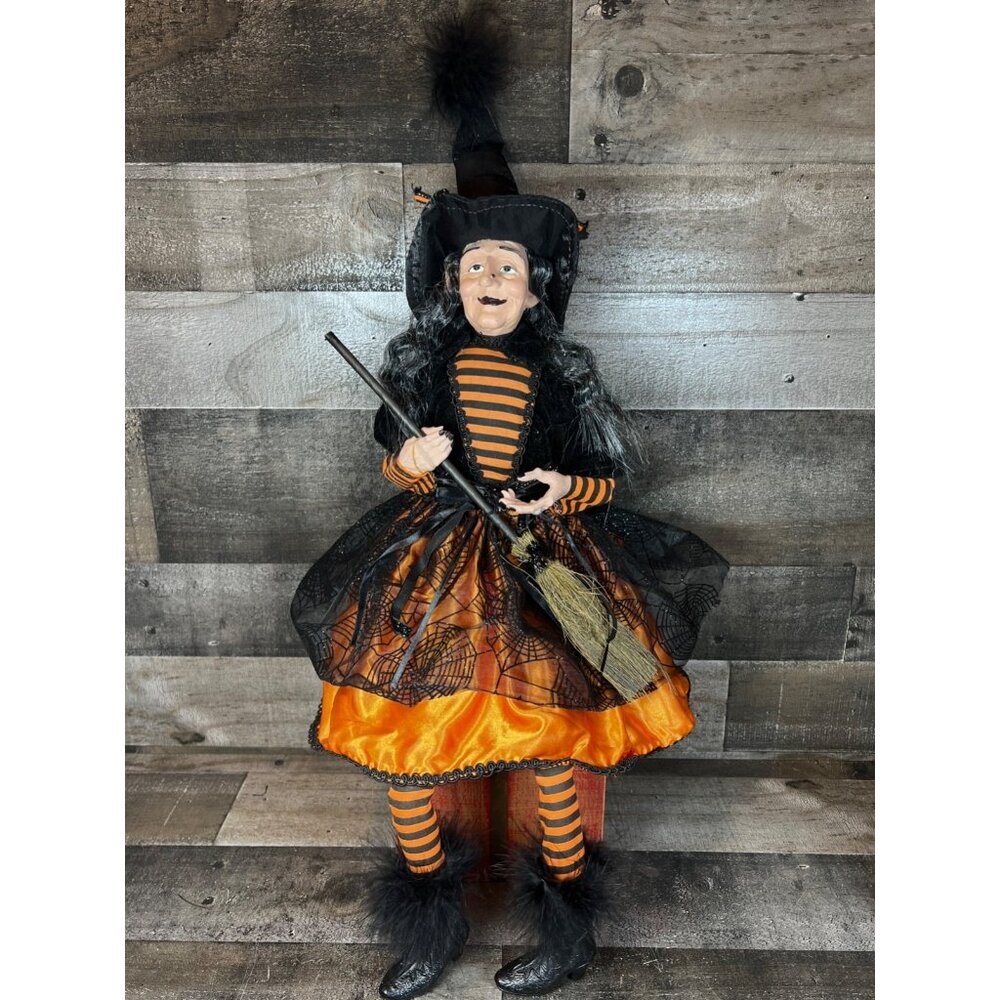 Broomstick BLVD Halloween  Witch Doll Shelf Sitter Sitting Doll 25" Black Orange